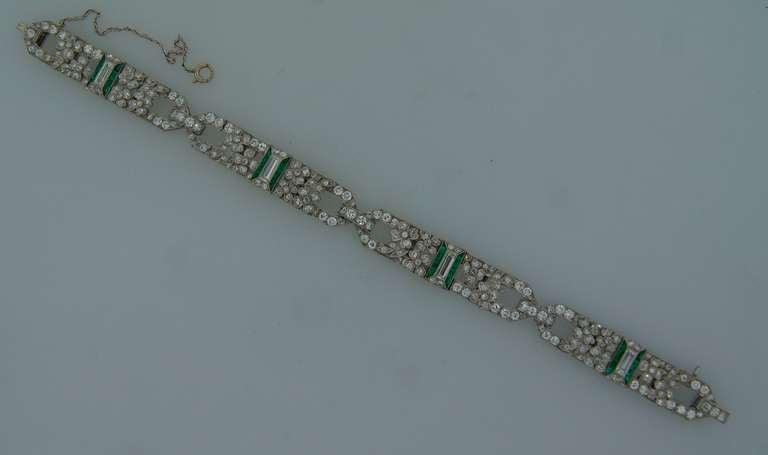 Art Deco Diamond Emerald Platinum Bracelet 1