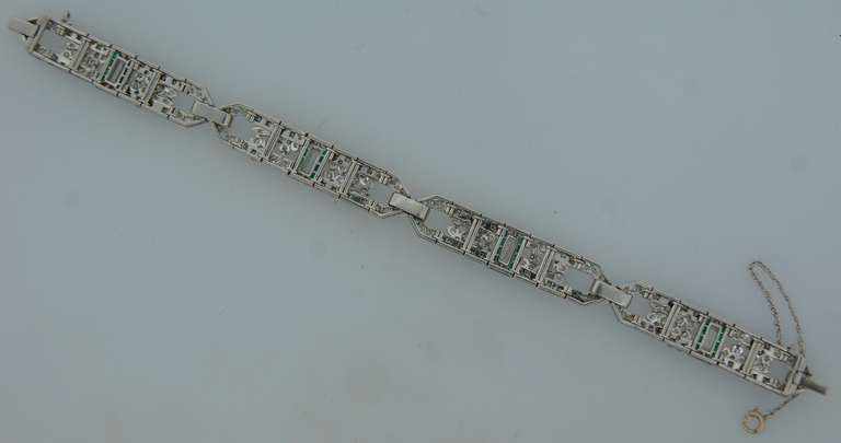 Art Deco Diamond Emerald Platinum Bracelet 5
