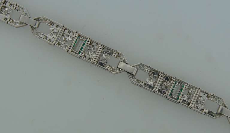 Art Deco Diamond Emerald Platinum Bracelet 6