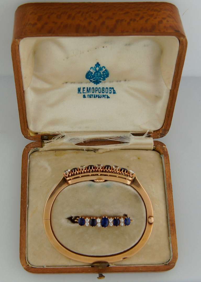 Imperial Russia Sapphire Diamond Yellow Gold Bangle Bracelet and Pin / Brooch 1