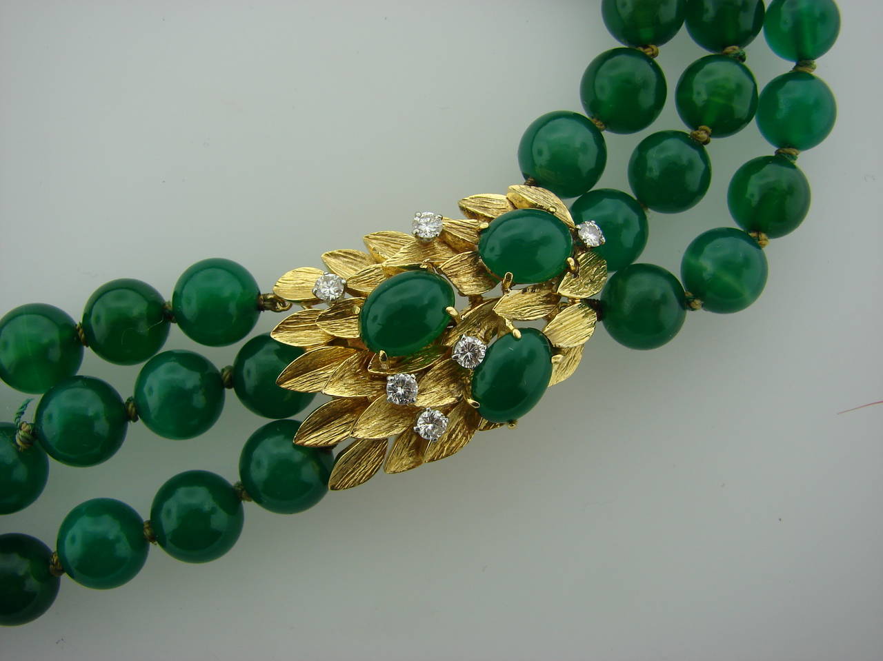 1970s David Webb Chrysophrase Bead Diamond Gold Three-Strand Necklace 3
