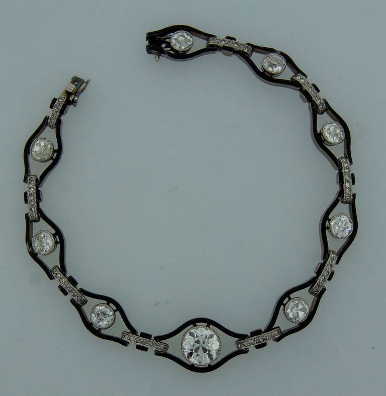 Old European Cut Art Deco Enamel Diamond Palladium Bracelet For Sale