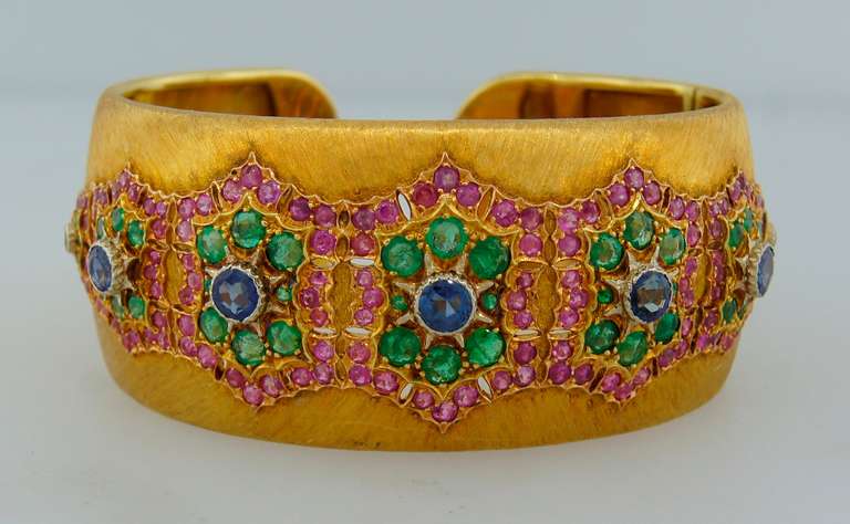 Women's Buccellati Ruby Sapphire Emerald Yellow Gold Bangle Bracelet