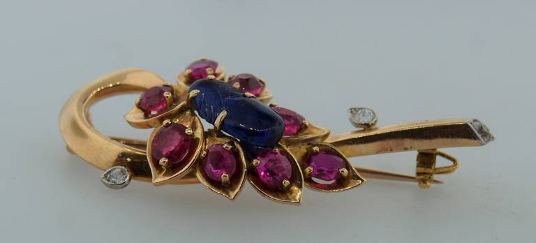 Cartier Sapphire Ruby Diamond Yellow Gold Flower Pin Brooch For Sale 2