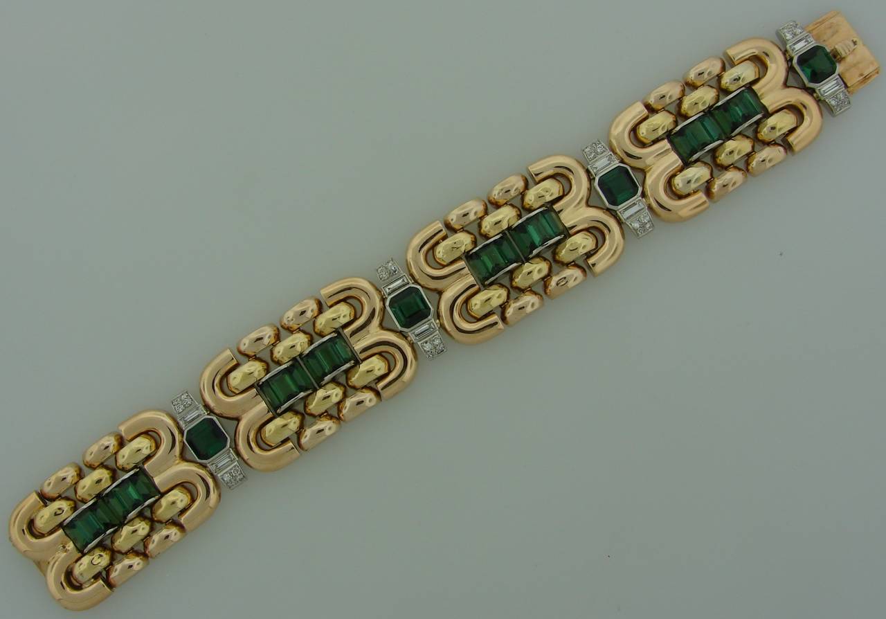 Women's Retro 1940s Green Tourmaline Diamond Gold Bracelet