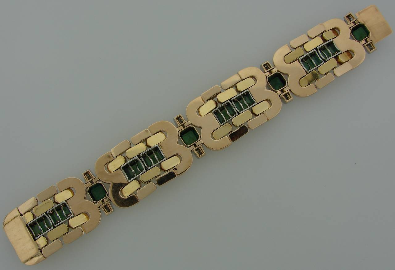 Retro 1940s Green Tourmaline Diamond Gold Bracelet 2