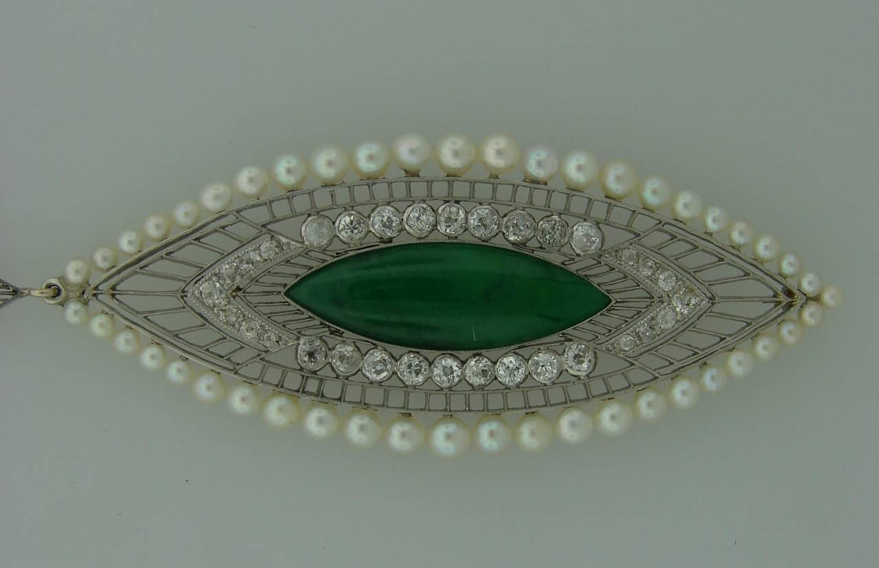 Women's Kreisler Belle Epoque Jade Pearl Diamond Platinum Pendant Necklace