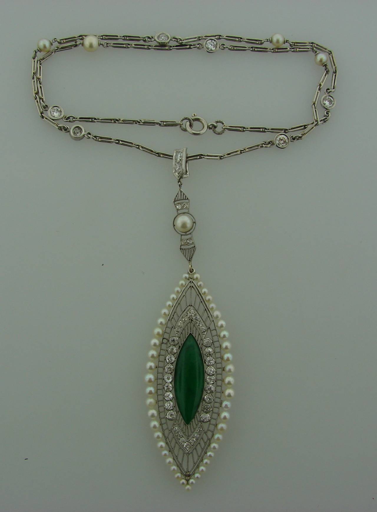 Belle Époque Kreisler Belle Epoque Jade Pearl Diamond Platinum Pendant Necklace