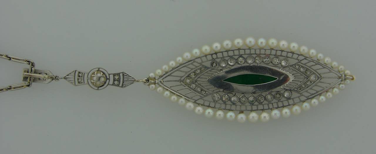 Kreisler Belle Epoque Jade Pearl Diamond Platinum Pendant Necklace 2