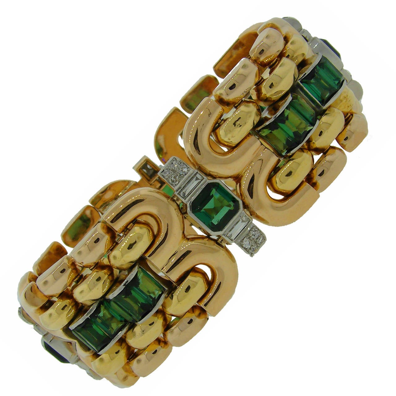 Retro 1940s Green Tourmaline Diamond Gold Bracelet