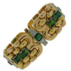 Retro 1940s Green Tourmaline Diamond Gold Bracelet 7