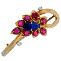 Cartier Sapphire Ruby Diamond Yellow Gold Flower Pin Brooch