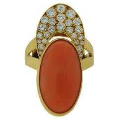 Vintage CARTIER c.1970s Coral Diamond Yellow Gold Ring