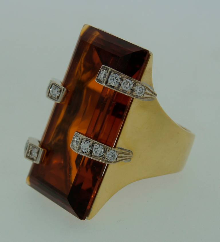 Women's 1970s Citrine Diamond Yellow Gold Ring