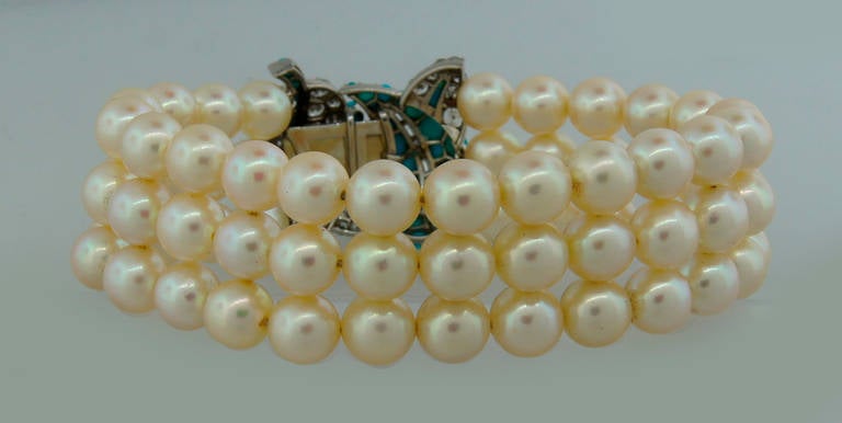 1950s Pearl Turquoise Diamond Platinum Bracelet In Excellent Condition In Beverly Hills, CA
