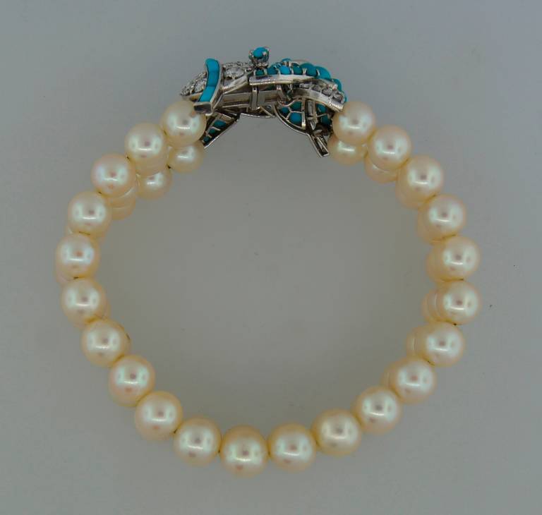 Women's 1950s Pearl Turquoise Diamond Platinum Bracelet