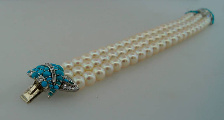 1950s Pearl Turquoise Diamond Platinum Bracelet 3
