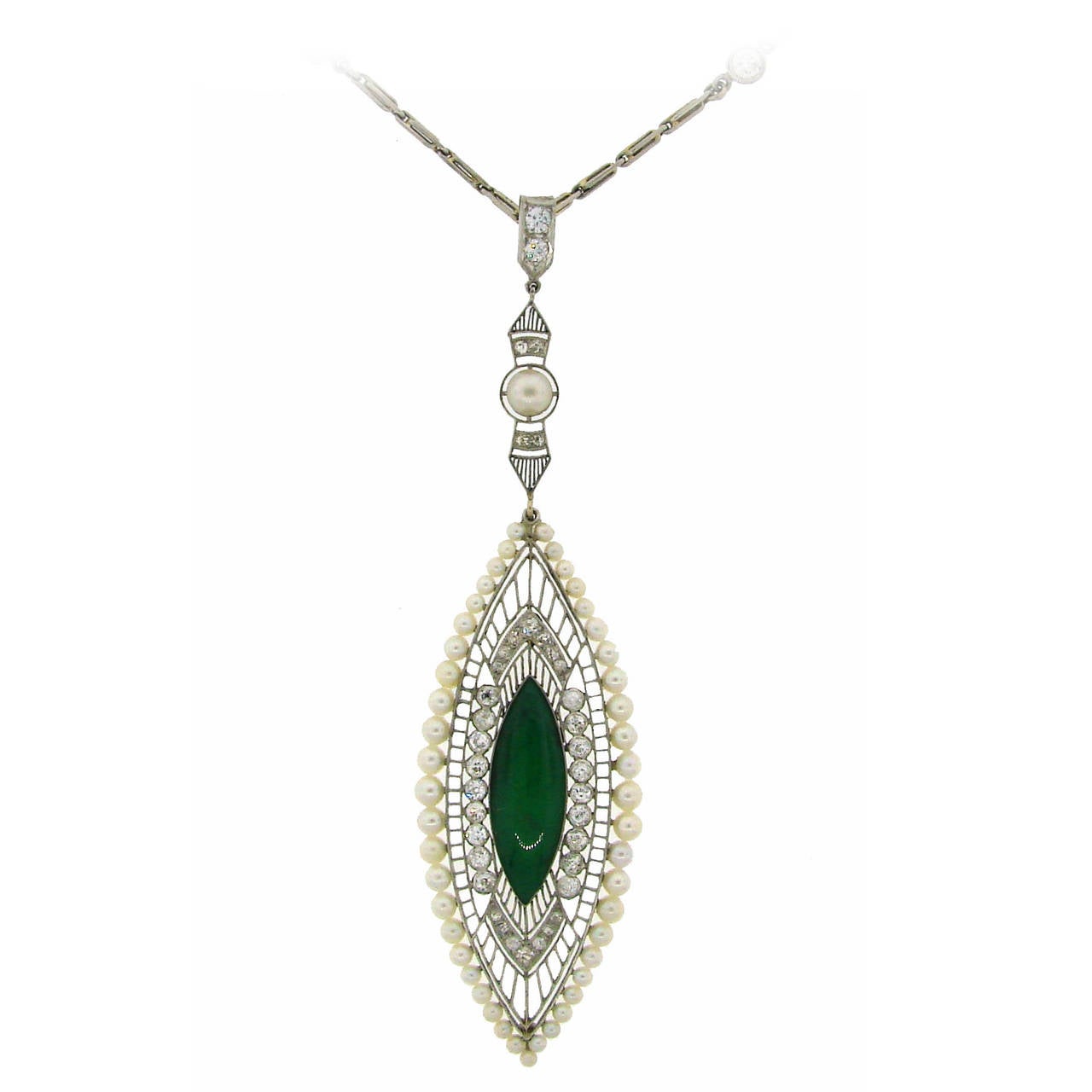 Kreisler Belle Epoque Jade Pearl Diamond Platinum Pendant Necklace