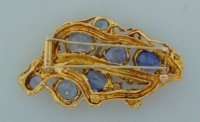 Women's Arthur King Pearl Sapphire Diamond Yellow Gold Brooch Pin circa 1960s