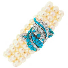 1950s Pearl Turquoise Diamond Platinum Bracelet