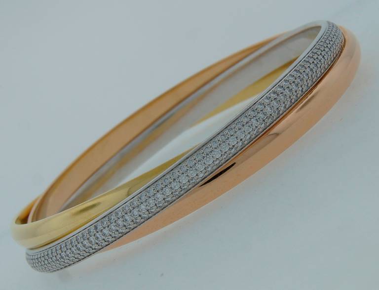 Contemporary Cartier Diamond Three-Tone Gold Trinity Bracelet