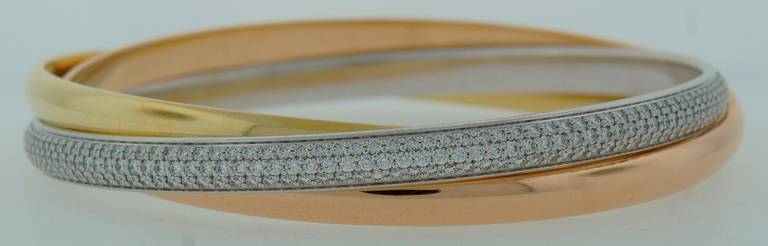 Cartier Diamond Three-Tone Gold Trinity Bracelet In Excellent Condition In Beverly Hills, CA