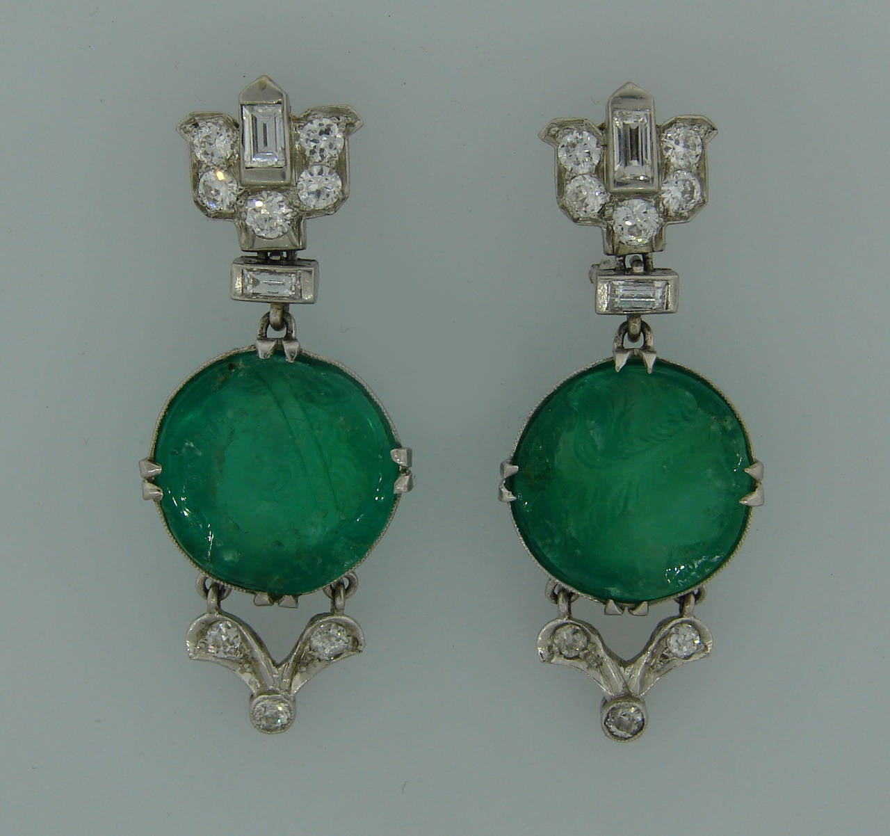 Mixed Cut Art Deco Mauboussin Platinum Necklace Ring Earrings Set Emerald Diamond