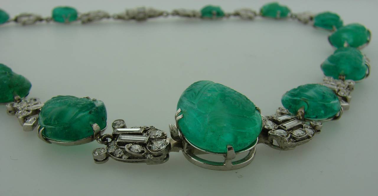 Art Deco Mauboussin Platinum Necklace Ring Earrings Set Emerald Diamond 3