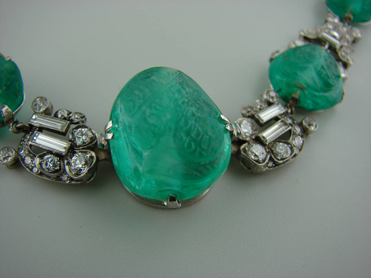 Art Deco Mauboussin Platinum Necklace Ring Earrings Set Emerald Diamond 2