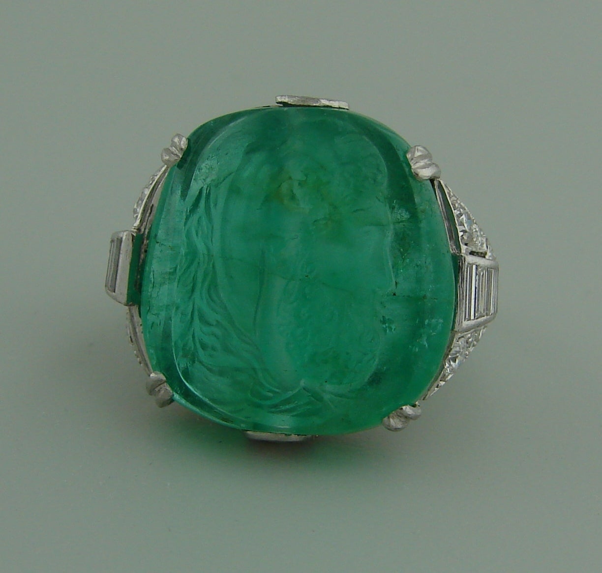 Women's Art Deco Mauboussin Platinum Necklace Ring Earrings Set Emerald Diamond