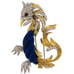 Marchak Lapis Lazuli Ruby Diamond Gold Platinum  Firebird Pin Brooch