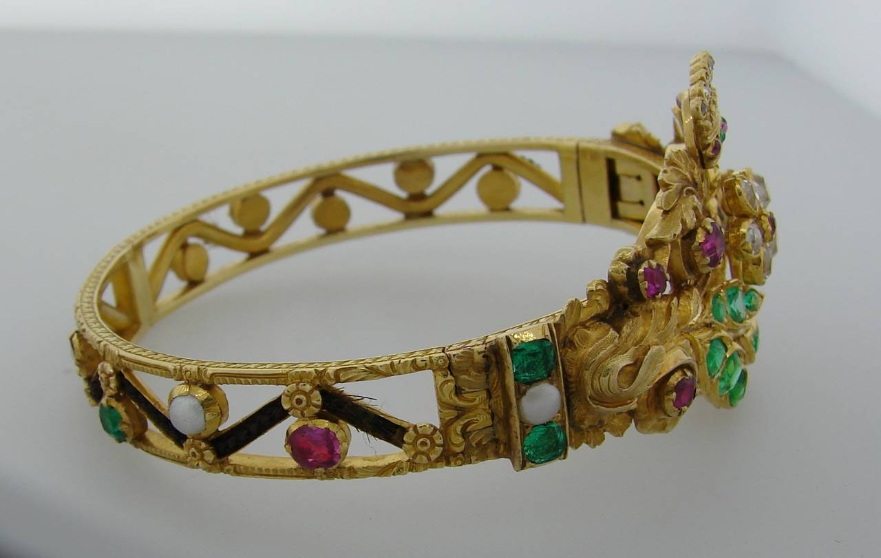 Victorian Pearl  Ruby Emerald Diamond Gold Mourning Bangle Bracelet 1