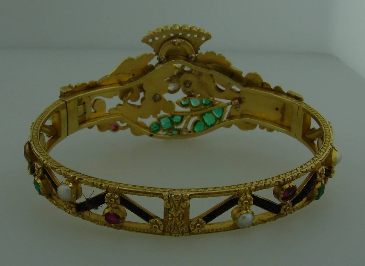 Women's Victorian Pearl  Ruby Emerald Diamond Gold Mourning Bangle Bracelet