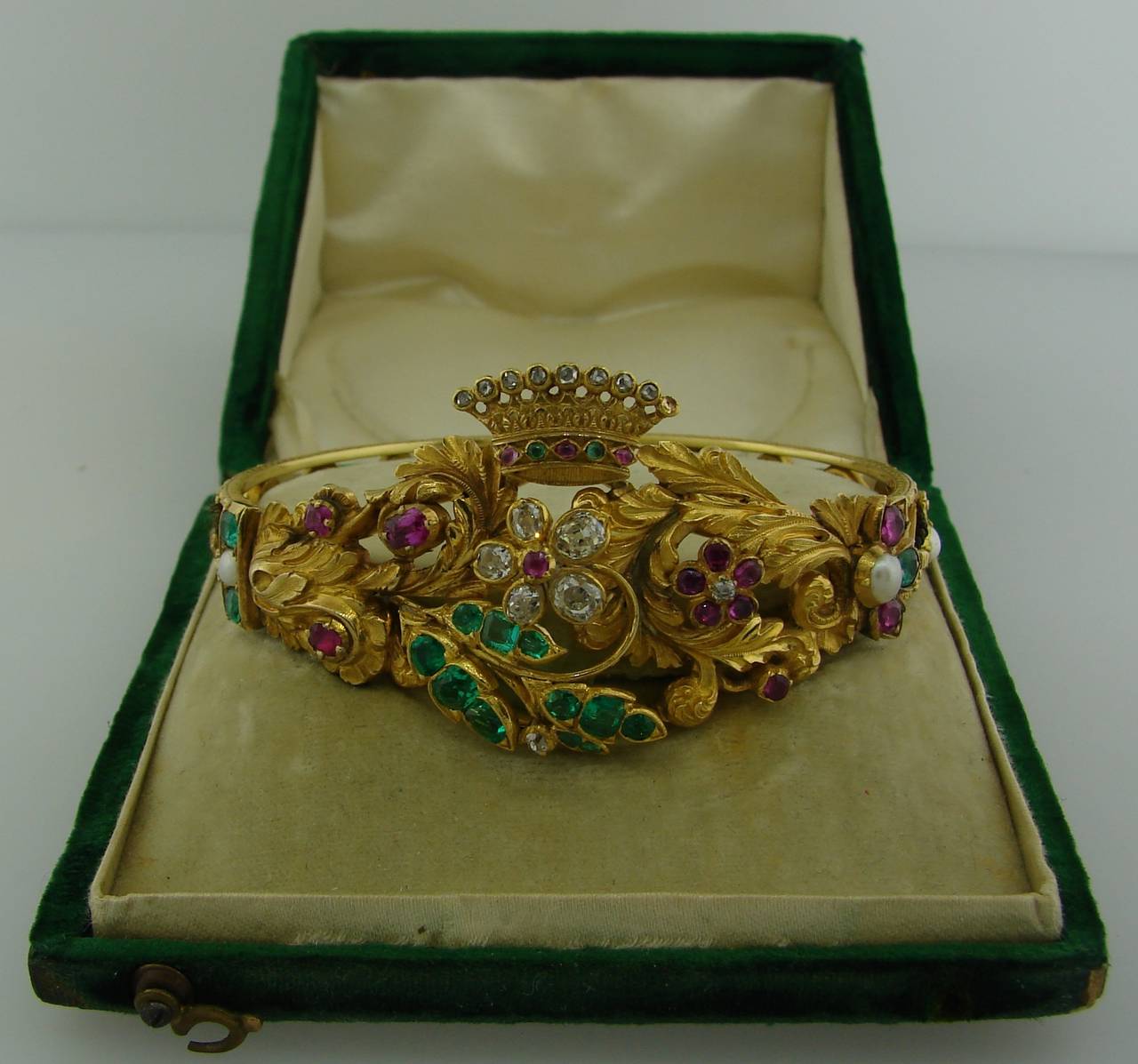 Victorian Pearl  Ruby Emerald Diamond Gold Mourning Bangle Bracelet 3