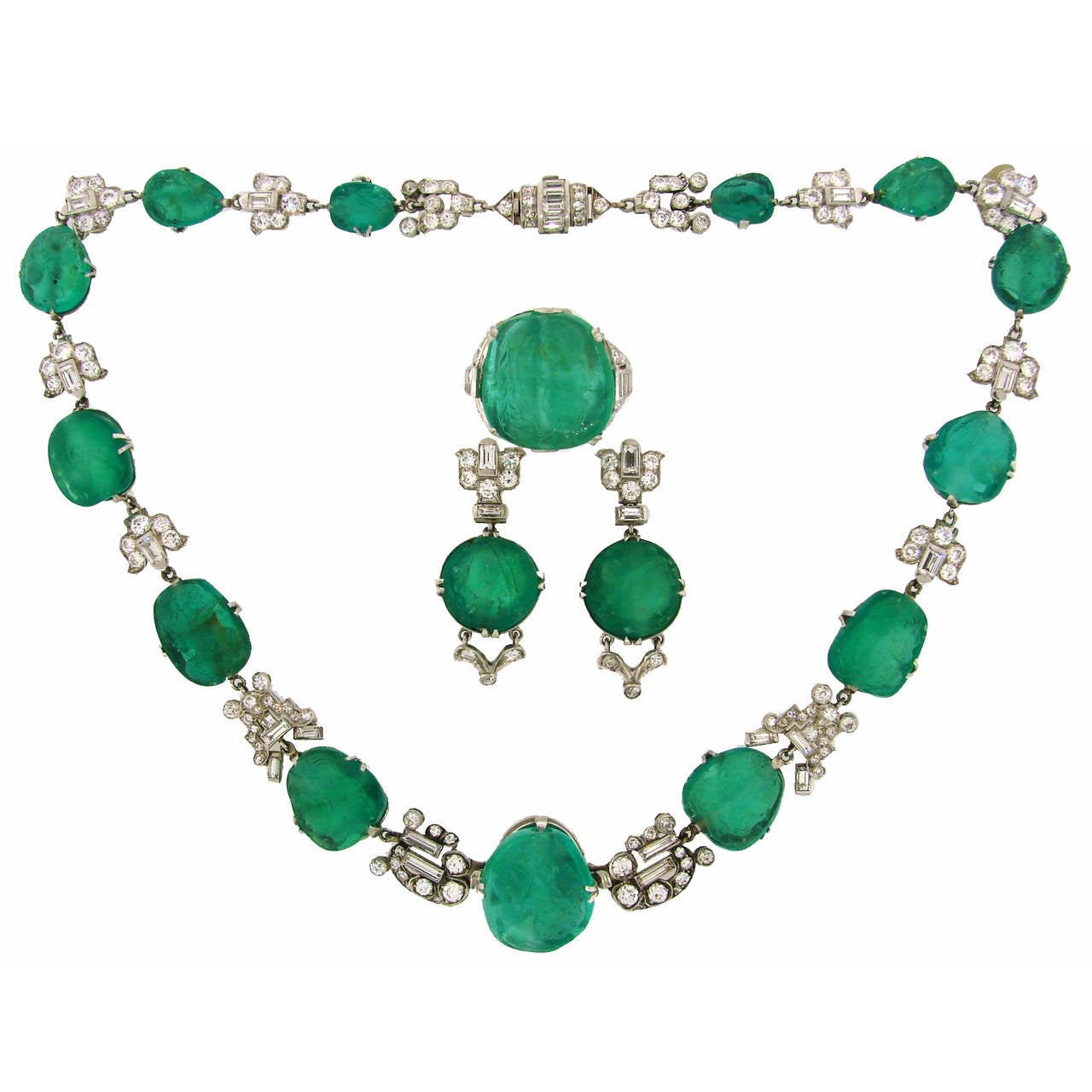 Art Deco Mauboussin Platinum Necklace Ring Earrings Set Emerald Diamond