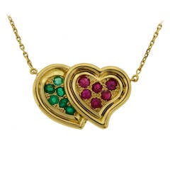 1950s RENE BOIVIN Ruby Emerald Yellow Gold Heart Pendant Necklace 10