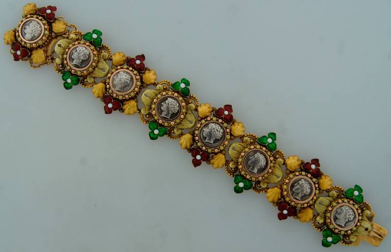 Silver Coin Enamel Yellow Gold Bracelet, French, 1950s In Excellent Condition In Beverly Hills, CA