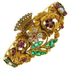 Victorian Pearl Ruby Emerald Diamond Gold Mourning Bangle Bracelet