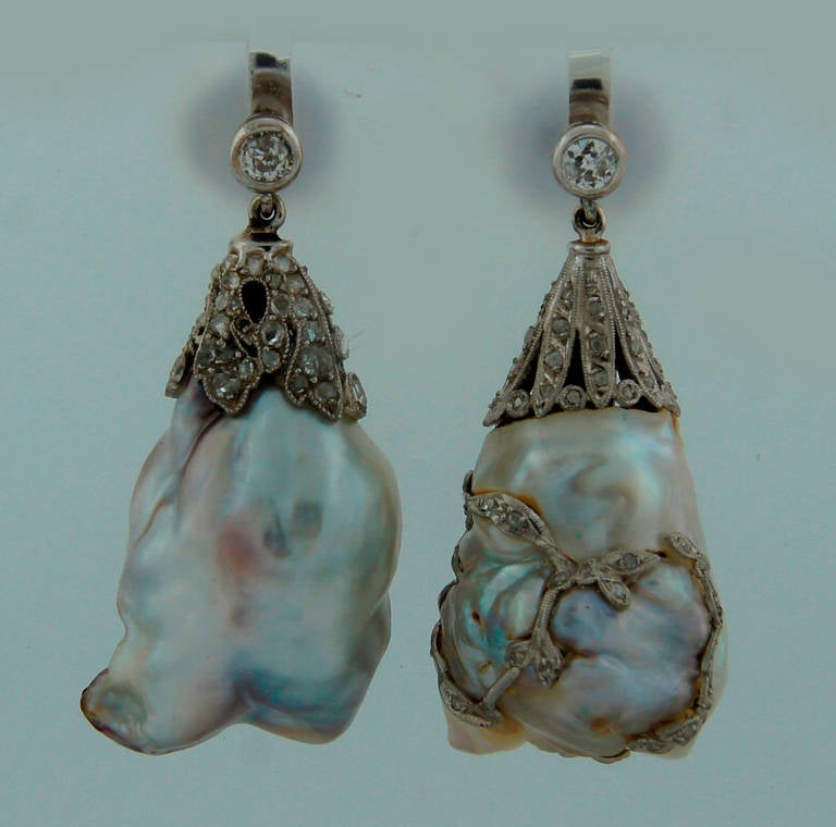 Art Deco Natural Saltwater Baroque Pearl Diamond Platinum Earrings In Excellent Condition In Beverly Hills, CA