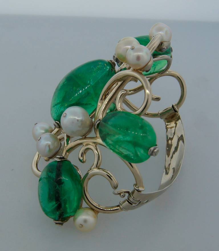 Seaman Schepps Emerald Pearl White Gold Bracelet and Pin Clip Set In Excellent Condition In Beverly Hills, CA