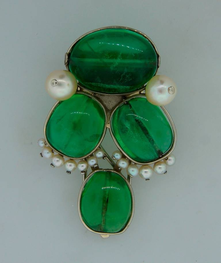 Seaman Schepps Emerald Pearl White Gold Bracelet and Pin Clip Set 2