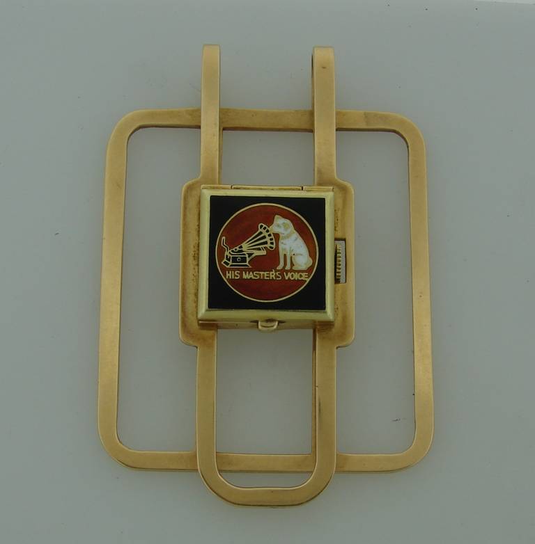 An amazing gift for your beloved man, especially if he is a part of show business. A stylish and exquisite accessory money clip watch created by J. E. Caldwell in the 1950s. It was given in 1956 by RCA to A. E. Linton as award of merit. 

The