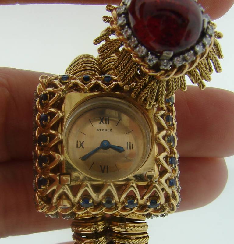 Pierre Sterle Gold Garnet Diamond Sapphire Watch circa 1940s Jaeger leCoultre 2