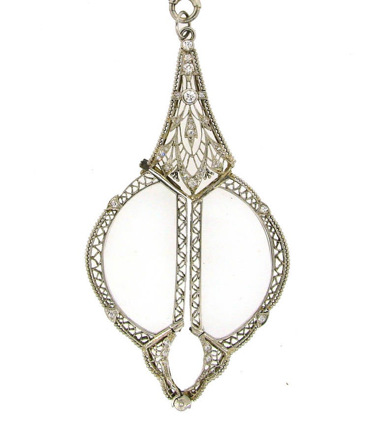 Edwardian Diamond Platinum Lorgnette on Diamond White Gold Chain In Excellent Condition In Beverly Hills, CA