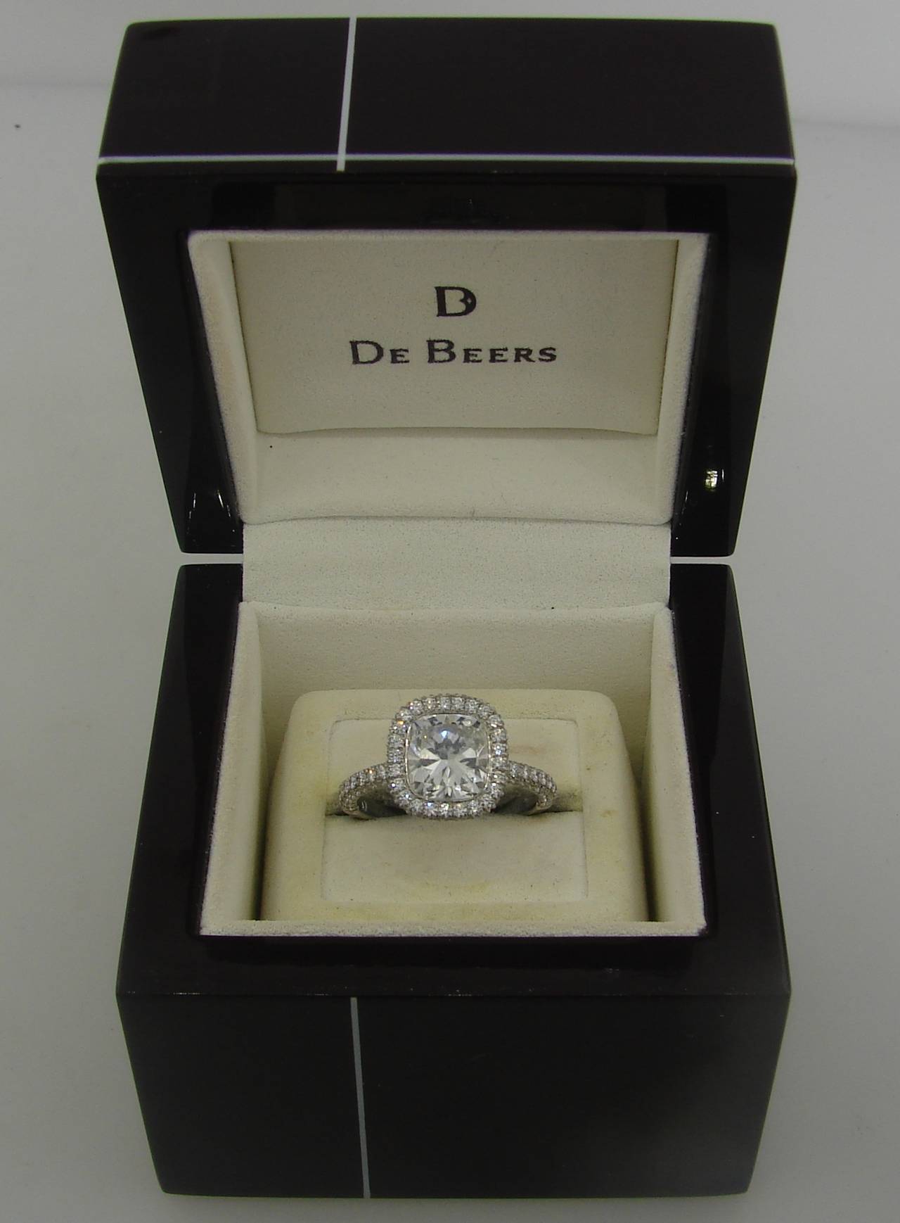 Women's De Beers 2.24 Carat Cushion Cut Diamond Platinum Solitaire Ring