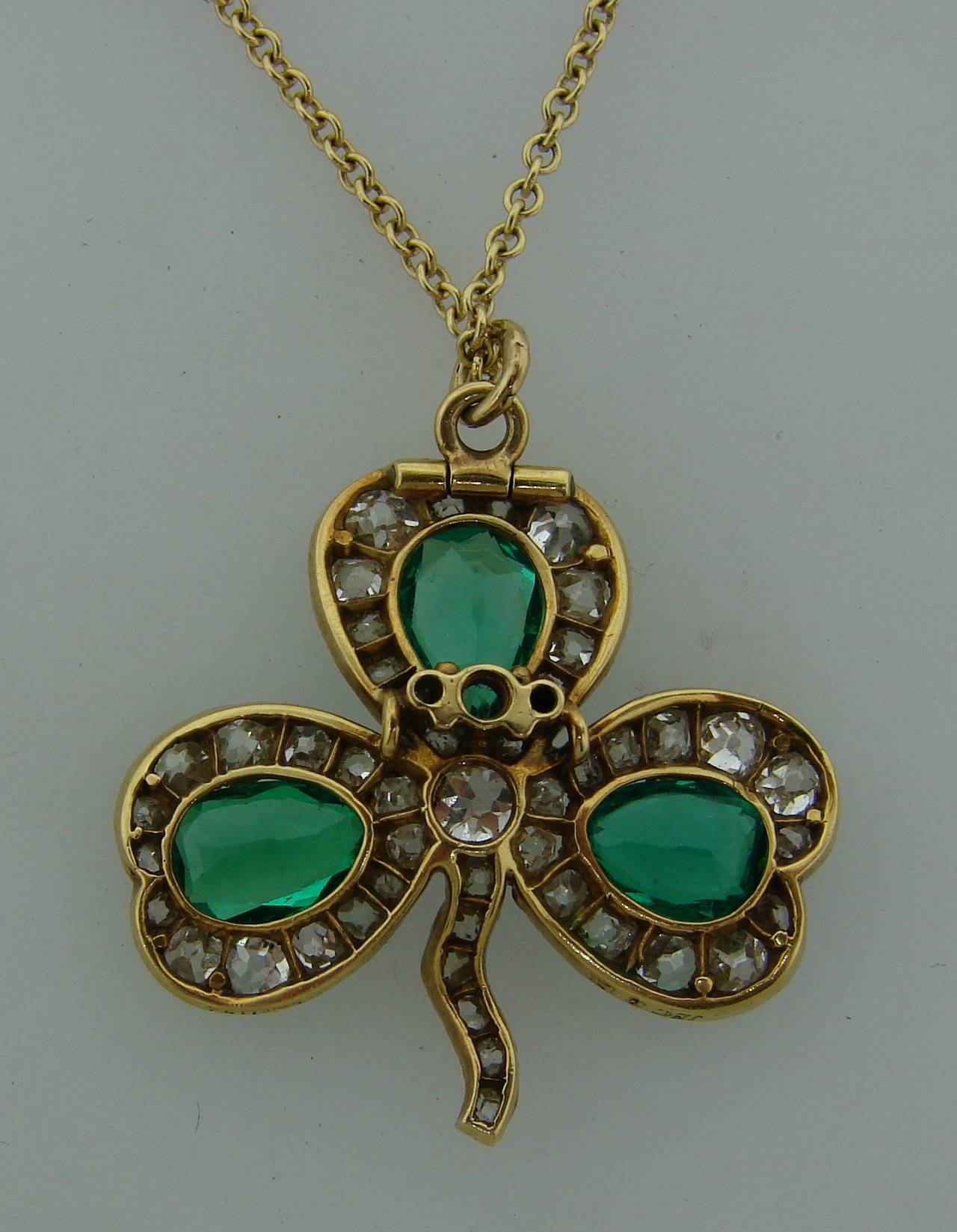 Women's c.1930's J.E. Caldwell Emerald Diamond & Yellow Gold Clover Pendant