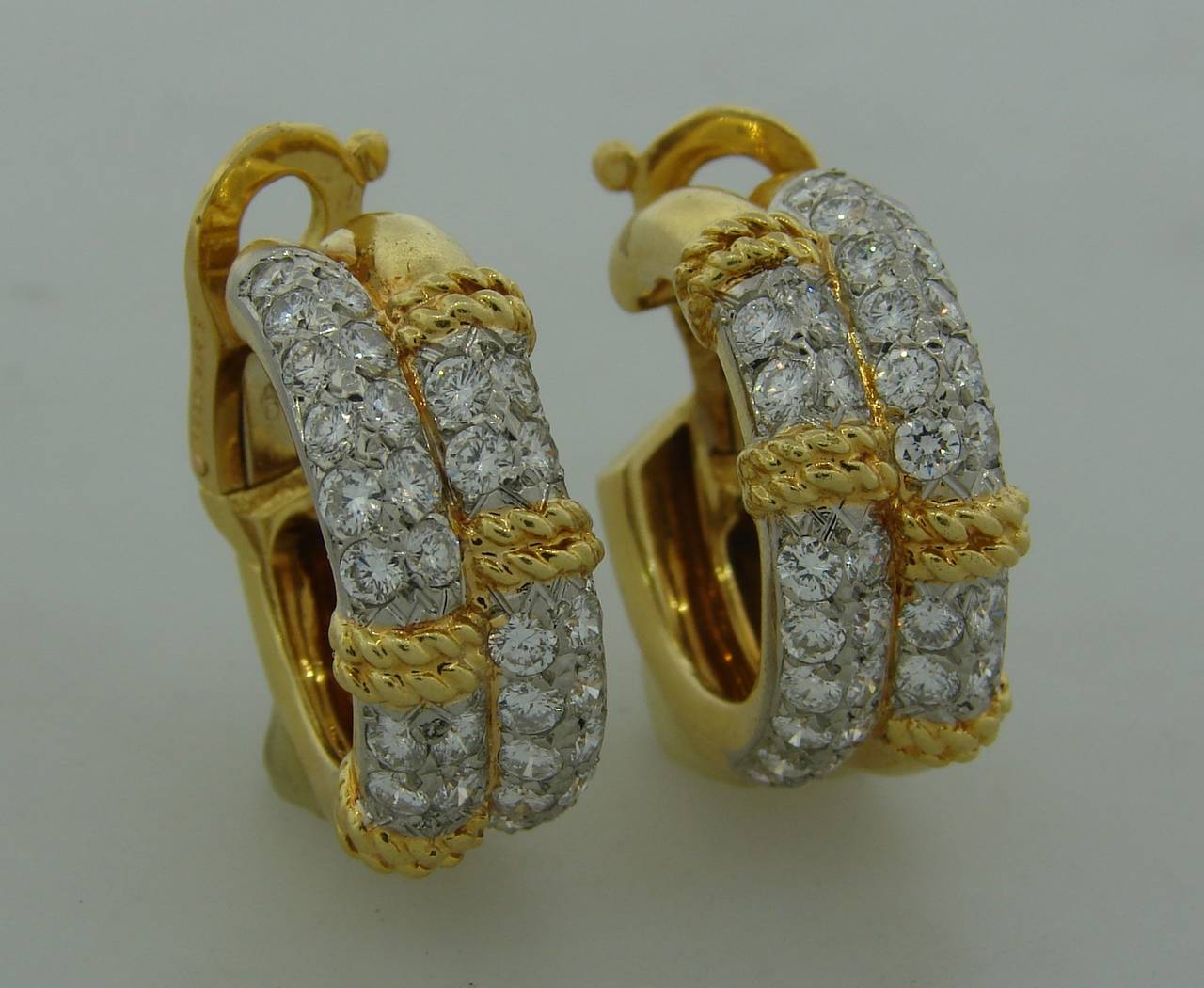 Fred Paris Diamond Gold Hoop Earrings In Excellent Condition In Beverly Hills, CA