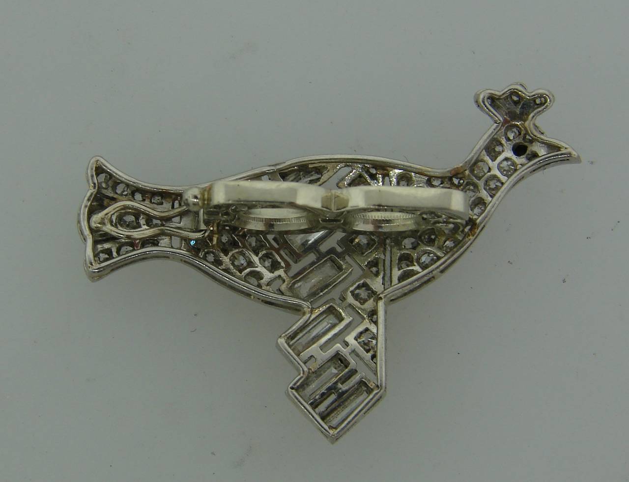Art Deco Janesich Diamond Platinum Bird Pearl Enhancer Clasp For Sale