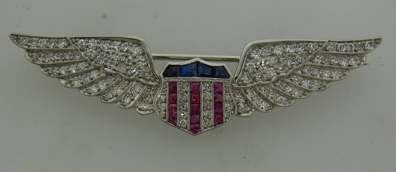 Cartier Patriotic Ruby Sapphire Diamond Aviator Wings Badge Pin Brooch In Excellent Condition In Beverly Hills, CA