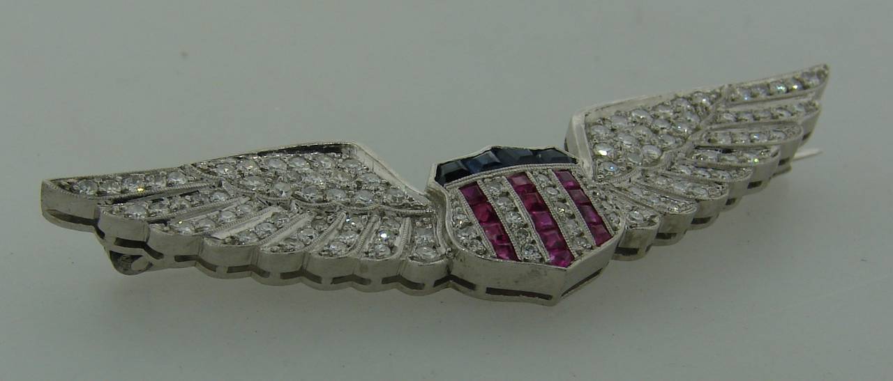 Women's or Men's Cartier Patriotic Ruby Sapphire Diamond Aviator Wings Badge Pin Brooch